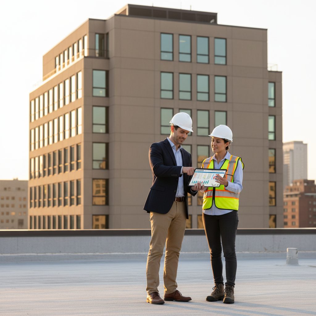 Building envelope consultant and facility manager reviewing condition data on a rooftop