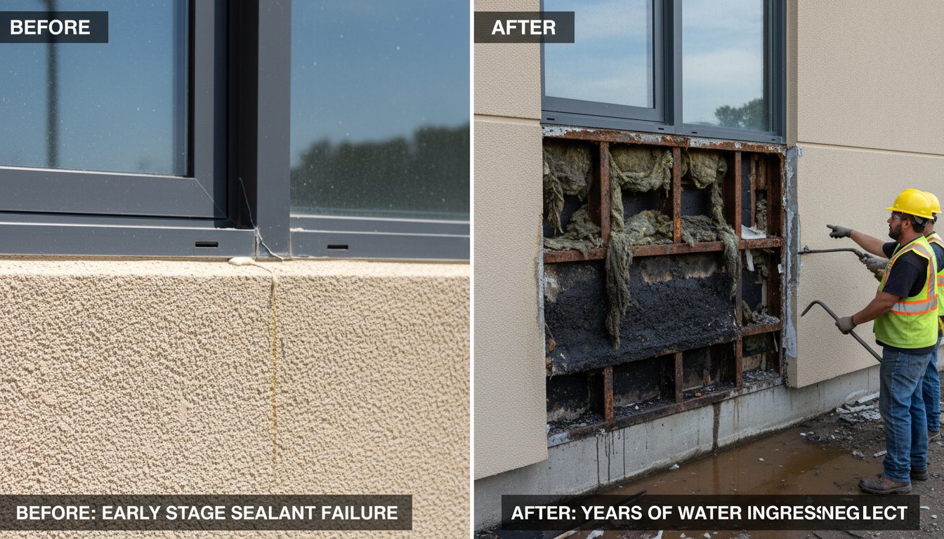 Comparison showing a small sealant crack versus extensive water damage after years of neglect