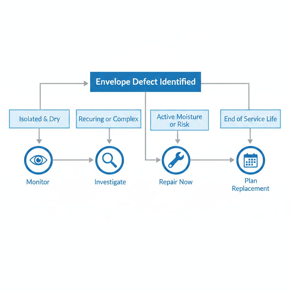Decision flowchart for building envelope defects: monitor, investigate, repair now, or plan replacement