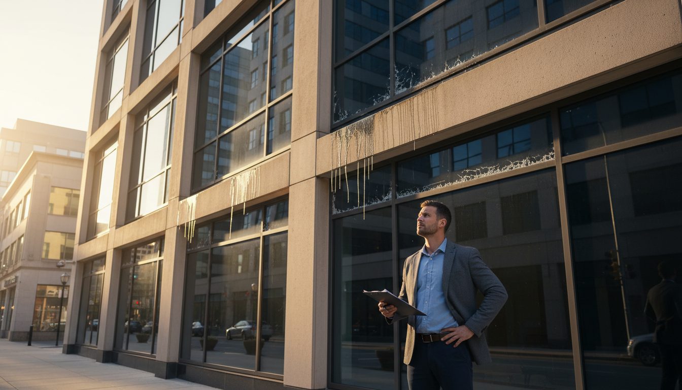 Facility manager examining water damage and failed sealant on a commercial building facade