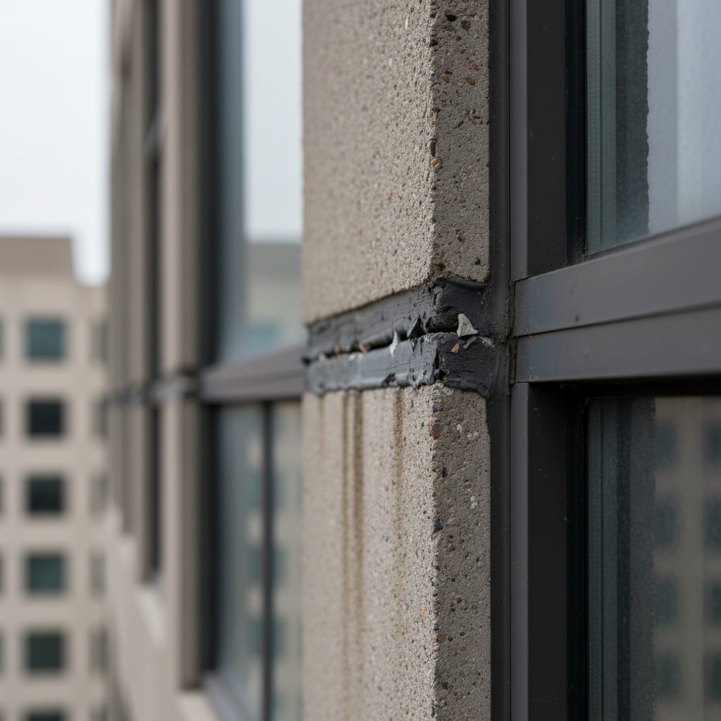 Close-up of a failed sealant joint pulling away from a commercial window frame