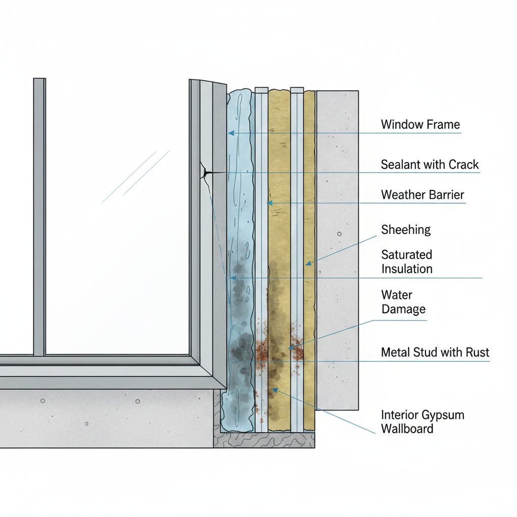 Cross-section illustration showing moisture intrusion path through a building wall assembly