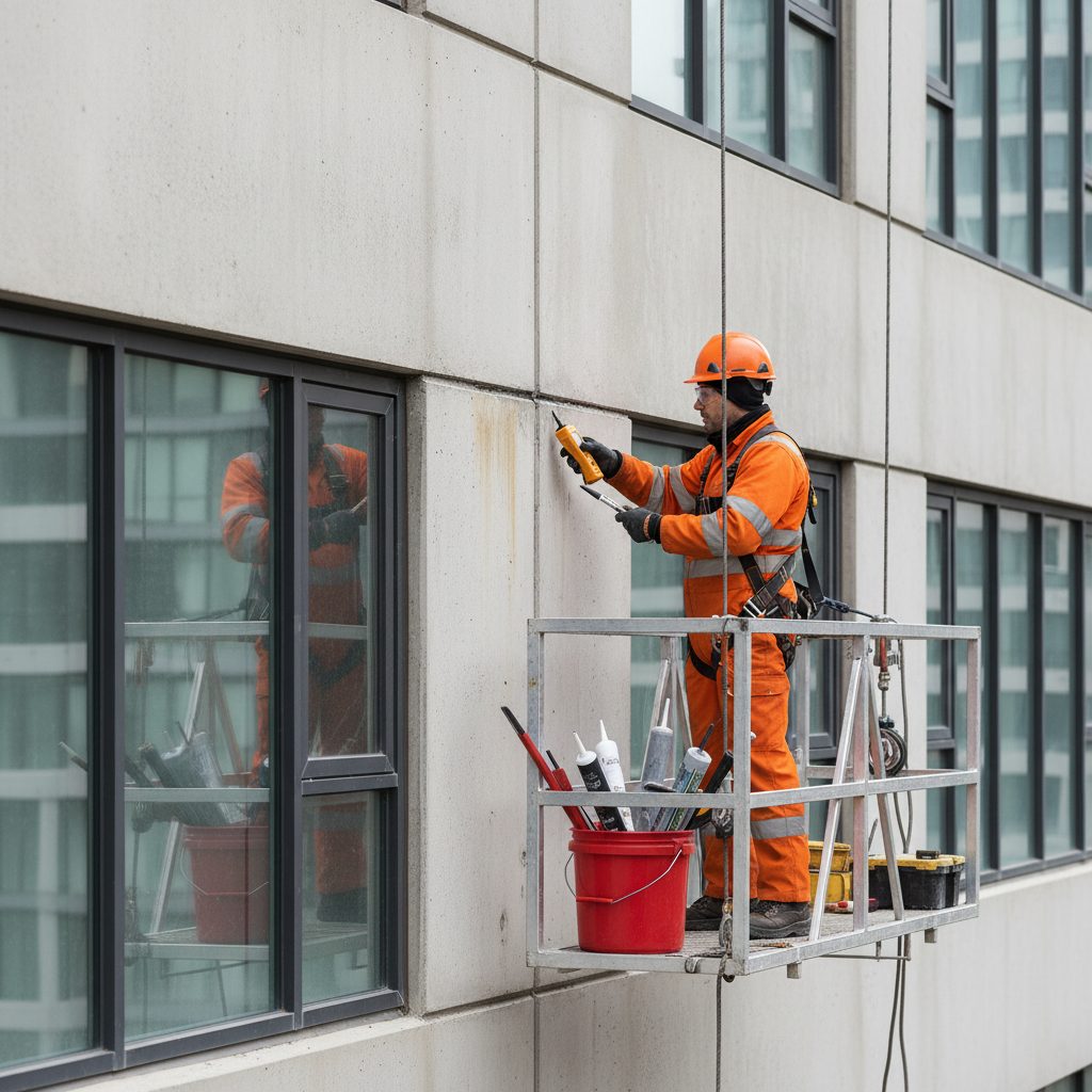 Building envelope technician testing moisture levels around a window perimeter from a swing stage
