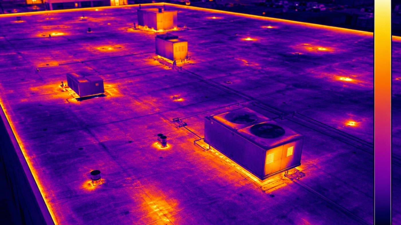 Overhead infrared thermography of a commercial low-slope roof