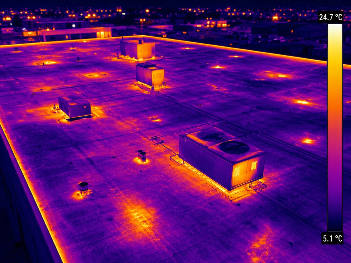 Overhead infrared image of a commercial low-slope roof showing rooftop units, penetrations, and warm perimeter detailing
