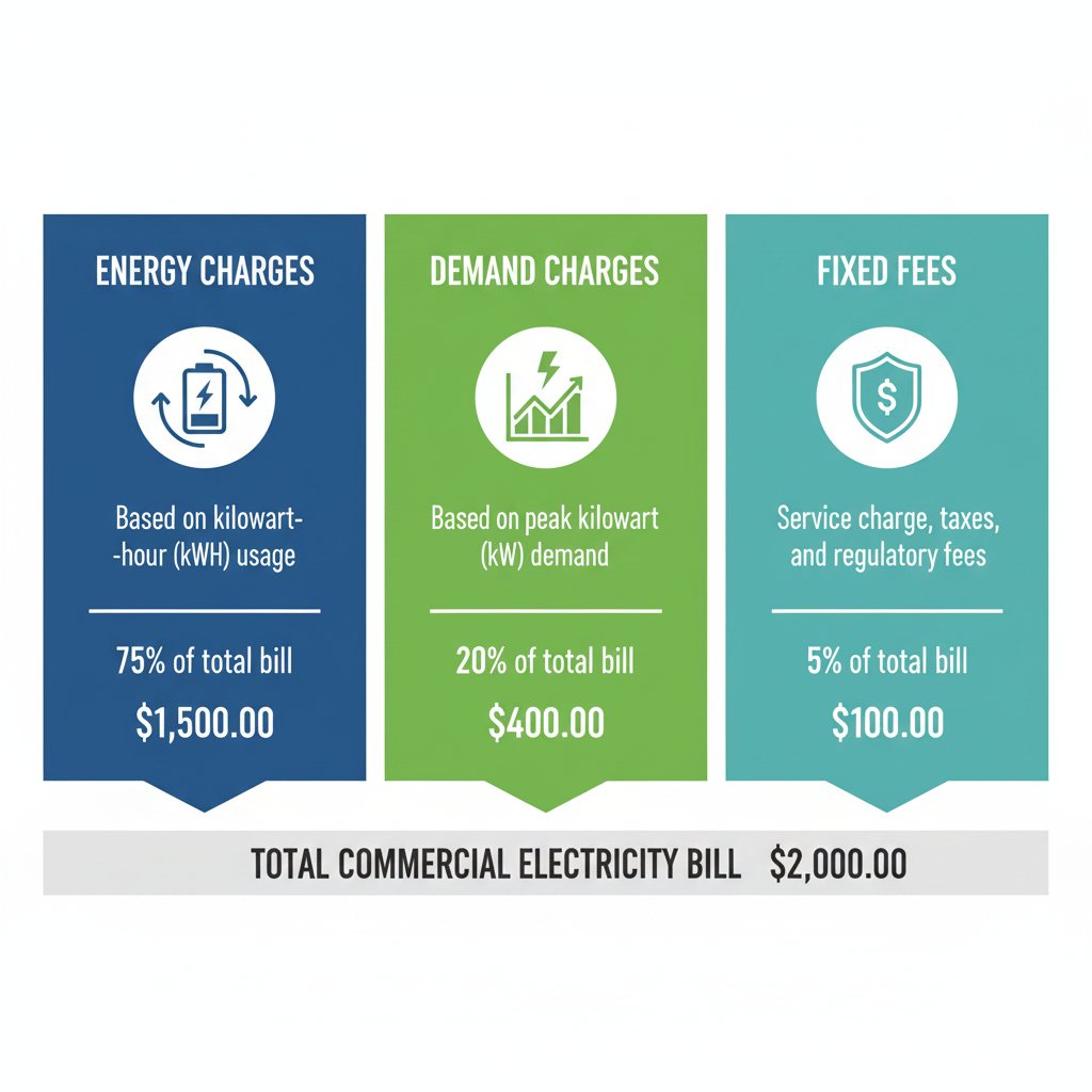 Commercial electricity bill breakdown: energy charges, demand charges, fixed fees