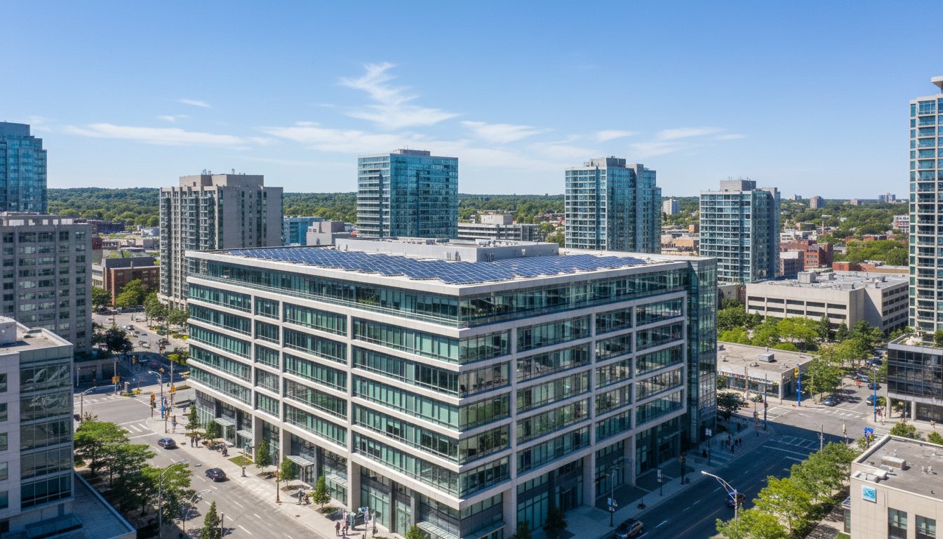 Modern Canadian commercial building with rooftop solar panels