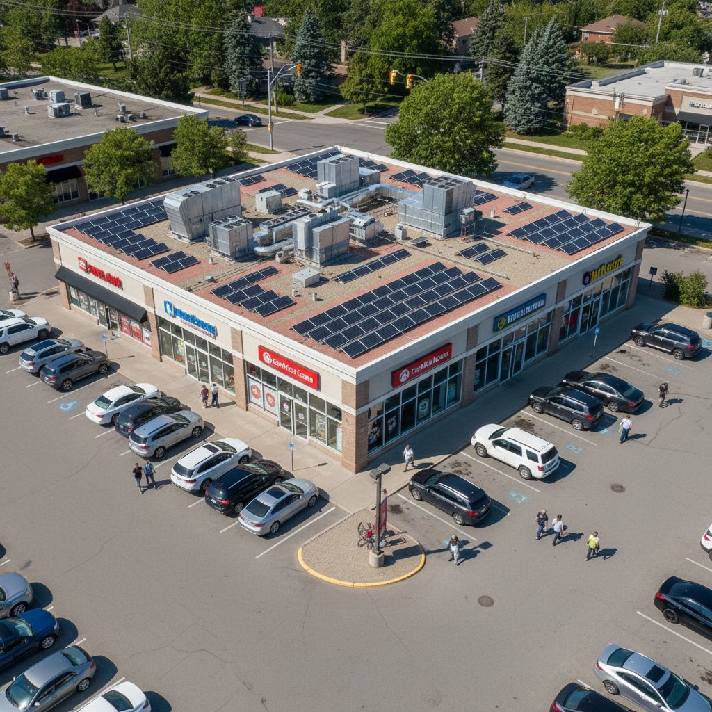 Canadian suburban retail plaza with rooftop solar panels