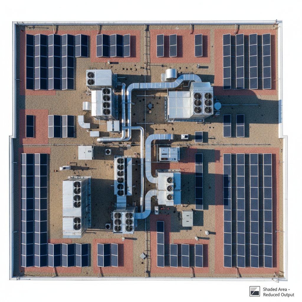 Commercial rooftop with HVAC units, solar panels, and shading areas highlighted