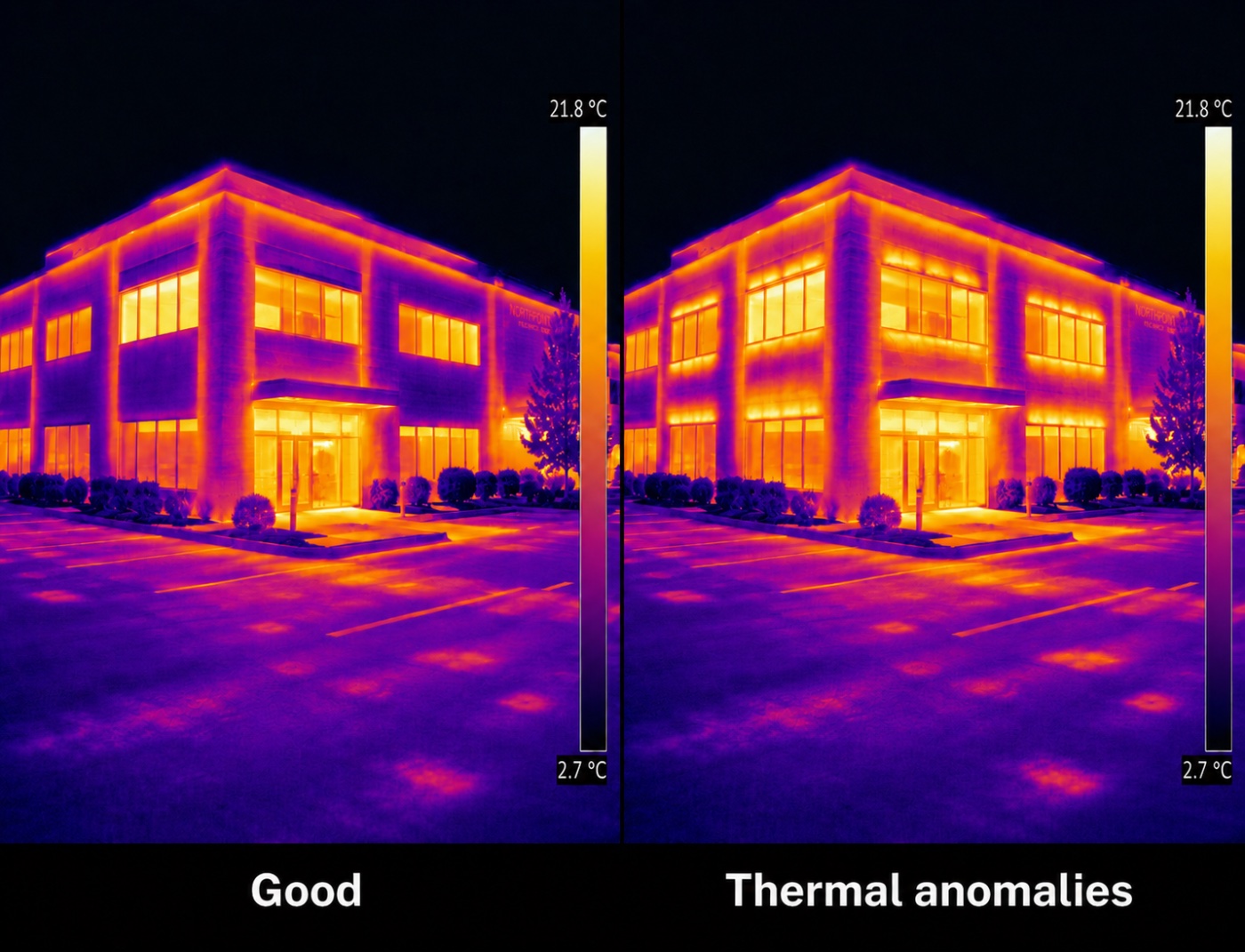 Side-by-side infrared comparison of a commercial building exterior: a sound wall assembly versus one showing thermal anomalies